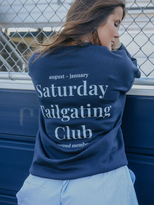 SATURDAY TAILGATING CLUB NAVY SWEATSHIRT (front + back)