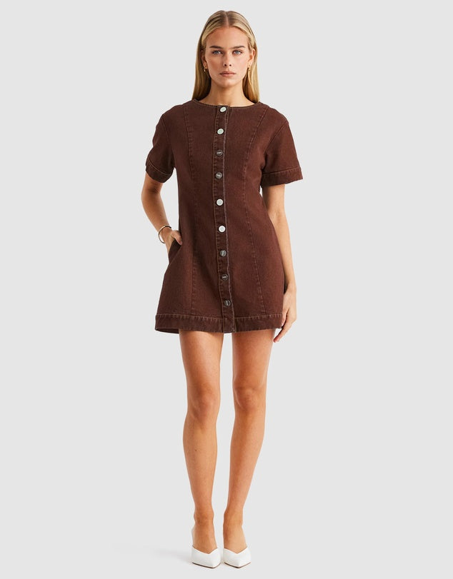 SNDYS Tilla Denim Mini Dress - Chocolate