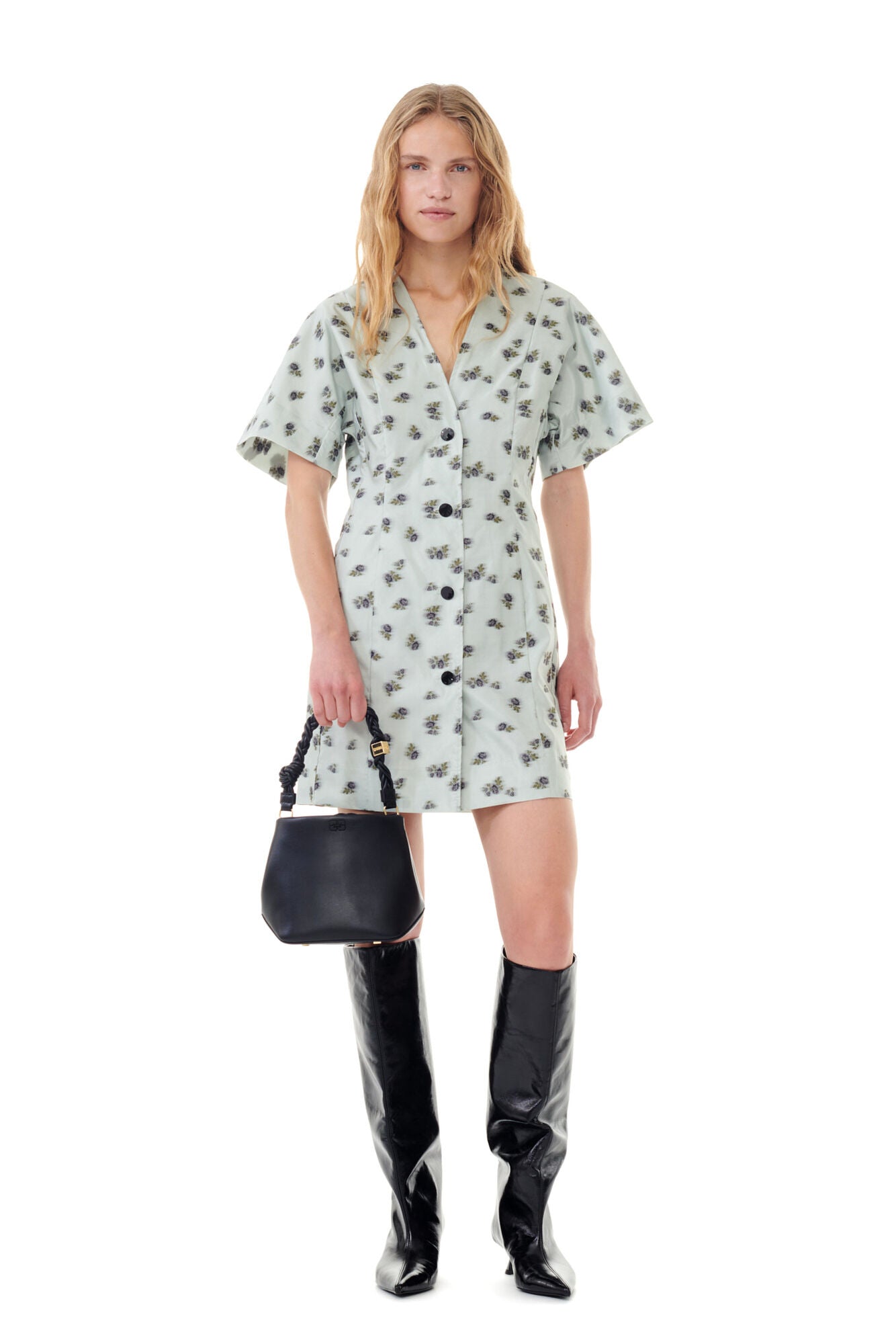 Ganni GREY FLORAL PRINTED ORGANZA JACQUARD MINI DRESS