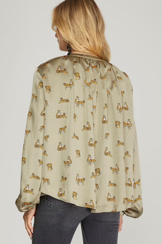 LONG SLEEVE WOVEN PRINT BLOUSE - OLIVE GREEN