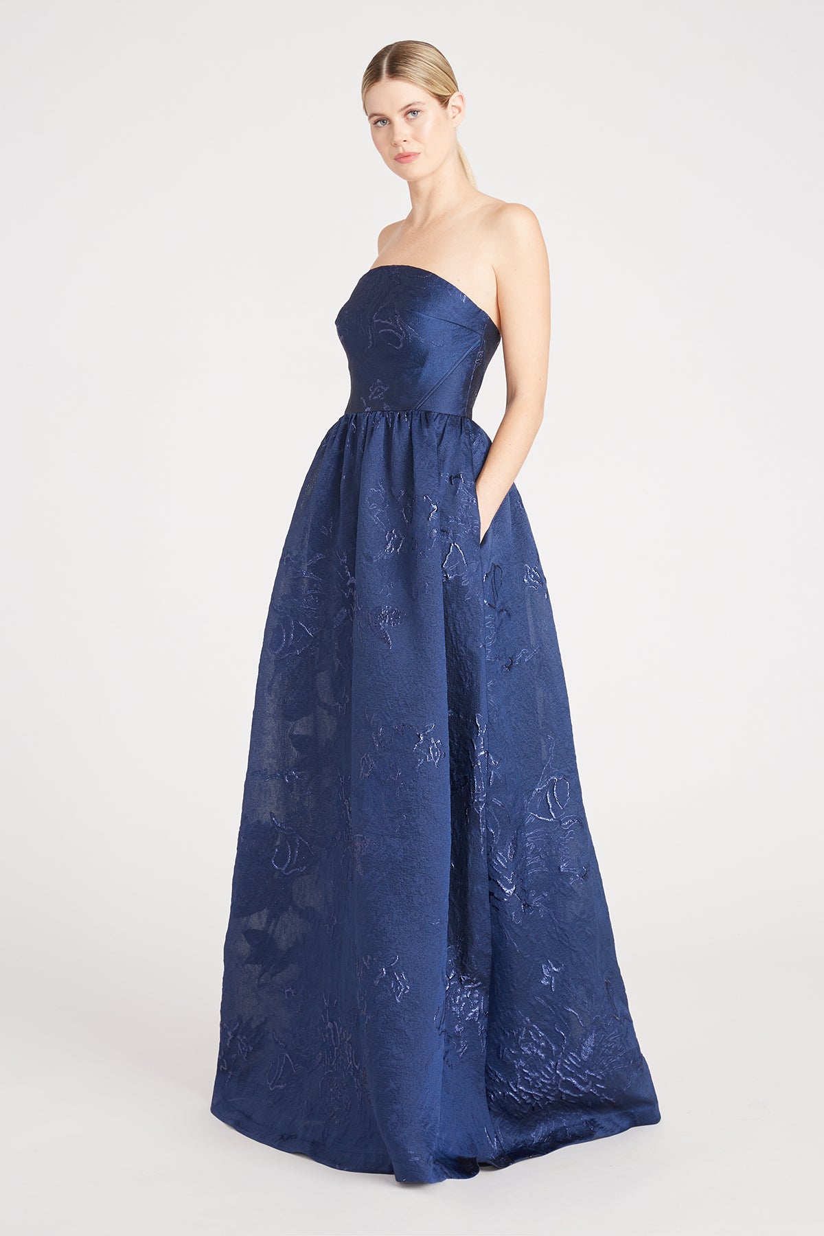 Monique Lhuillier Strapless Jacquard Long Dress