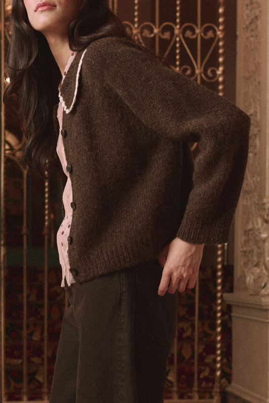 The Great The Crochet Collar Cardigan in Chocolate Brown