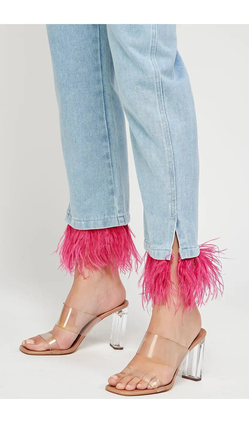 Feather Trim Ankle Denim Pants