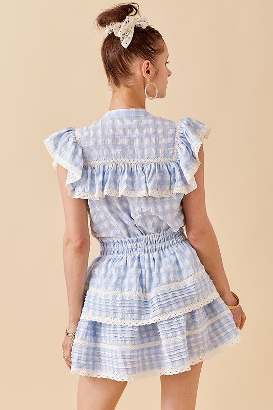 Blue Gingham Ruffle Top