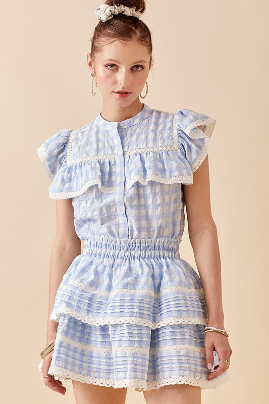 Blue Gingham Ruffle Top