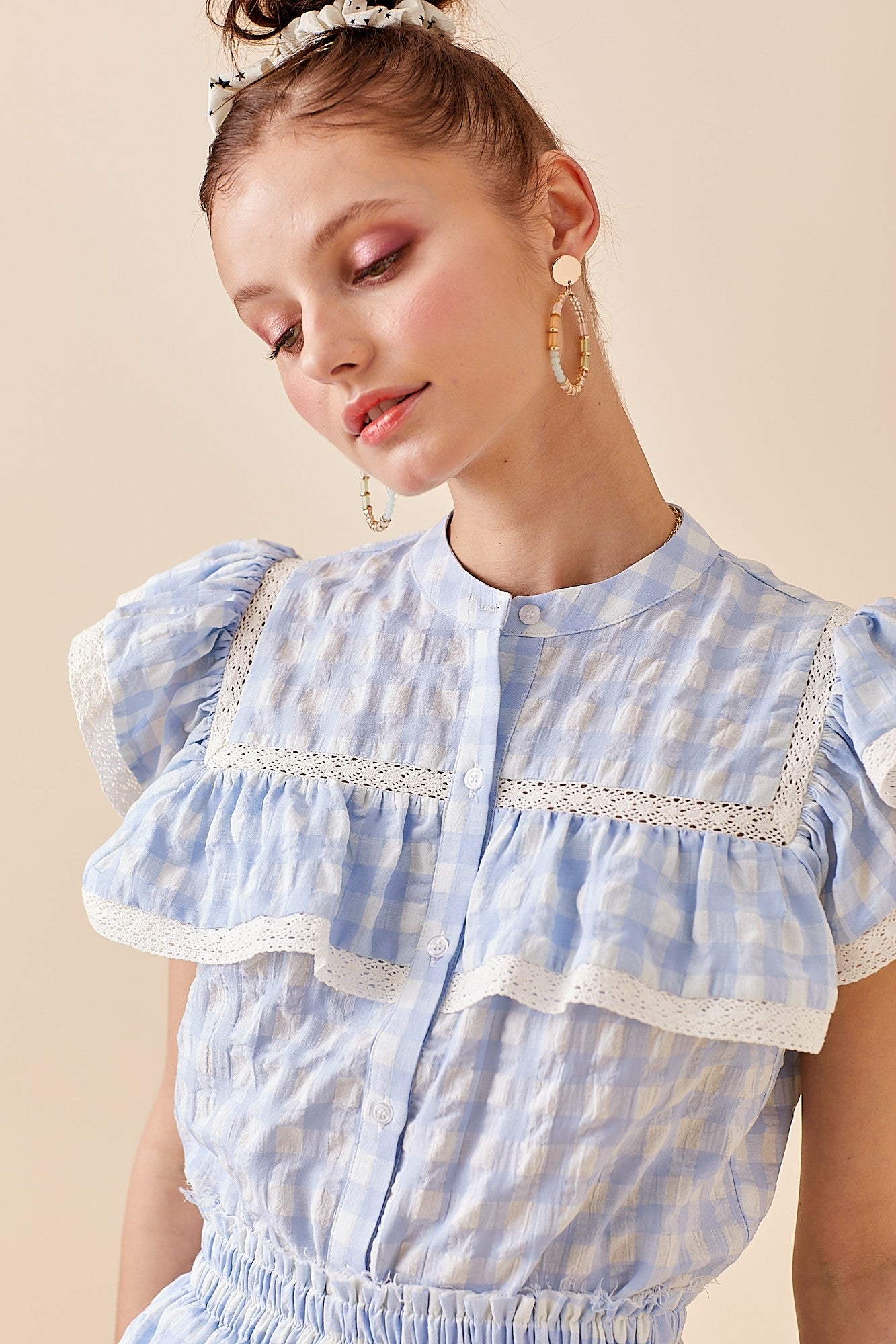 Blue Gingham Ruffle Top