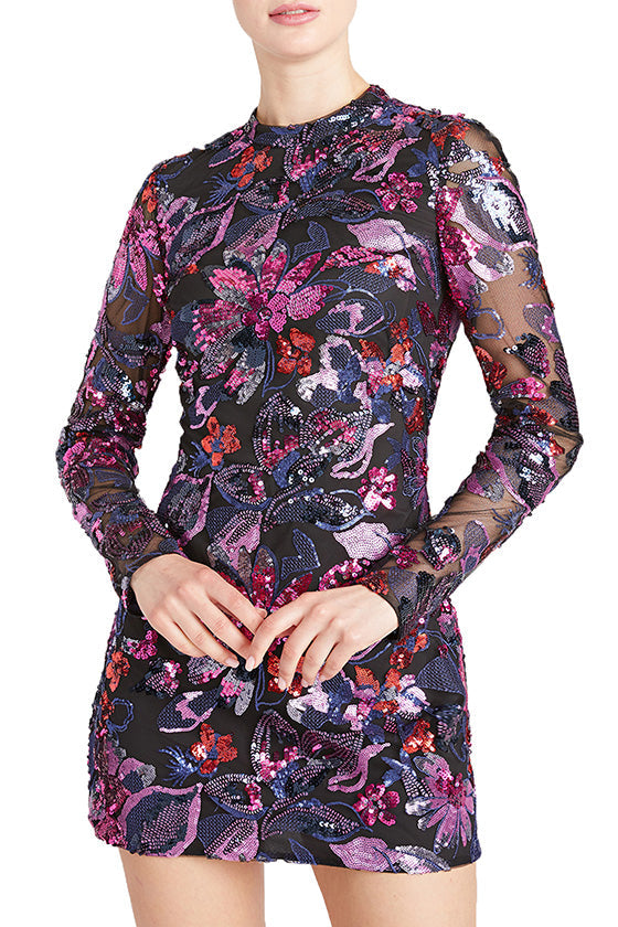 Monique Lhuillier Long Sleeve Sequin Short Dress