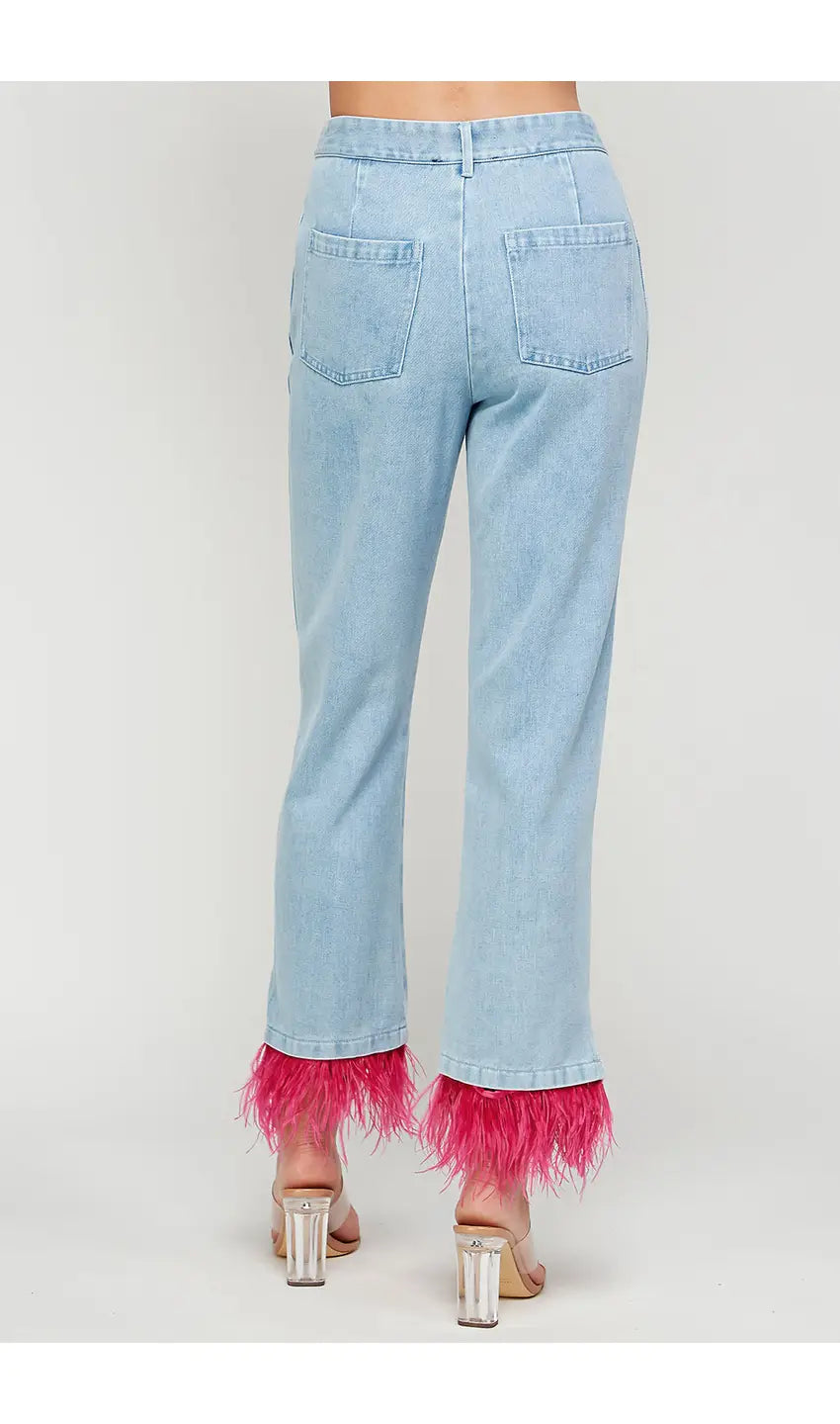 Feather Trim Ankle Denim Pants