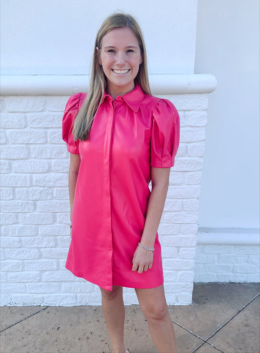 ALICE + OLIVIA JEM VEGAN PUFF SLEEVE DRESS - WILD PINK