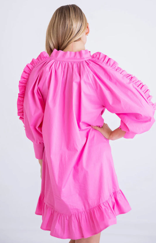 Solid Poplin Ruffle Sleeve Dress - Pink