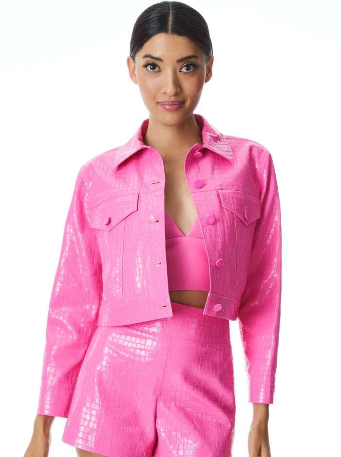 ALICE + OLIVIA CHLOE VEGAN LEATHER CROC CROPPED JACKET