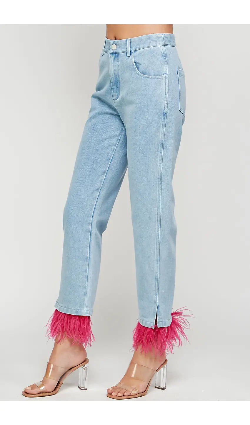 Feather Trim Ankle Denim Pants
