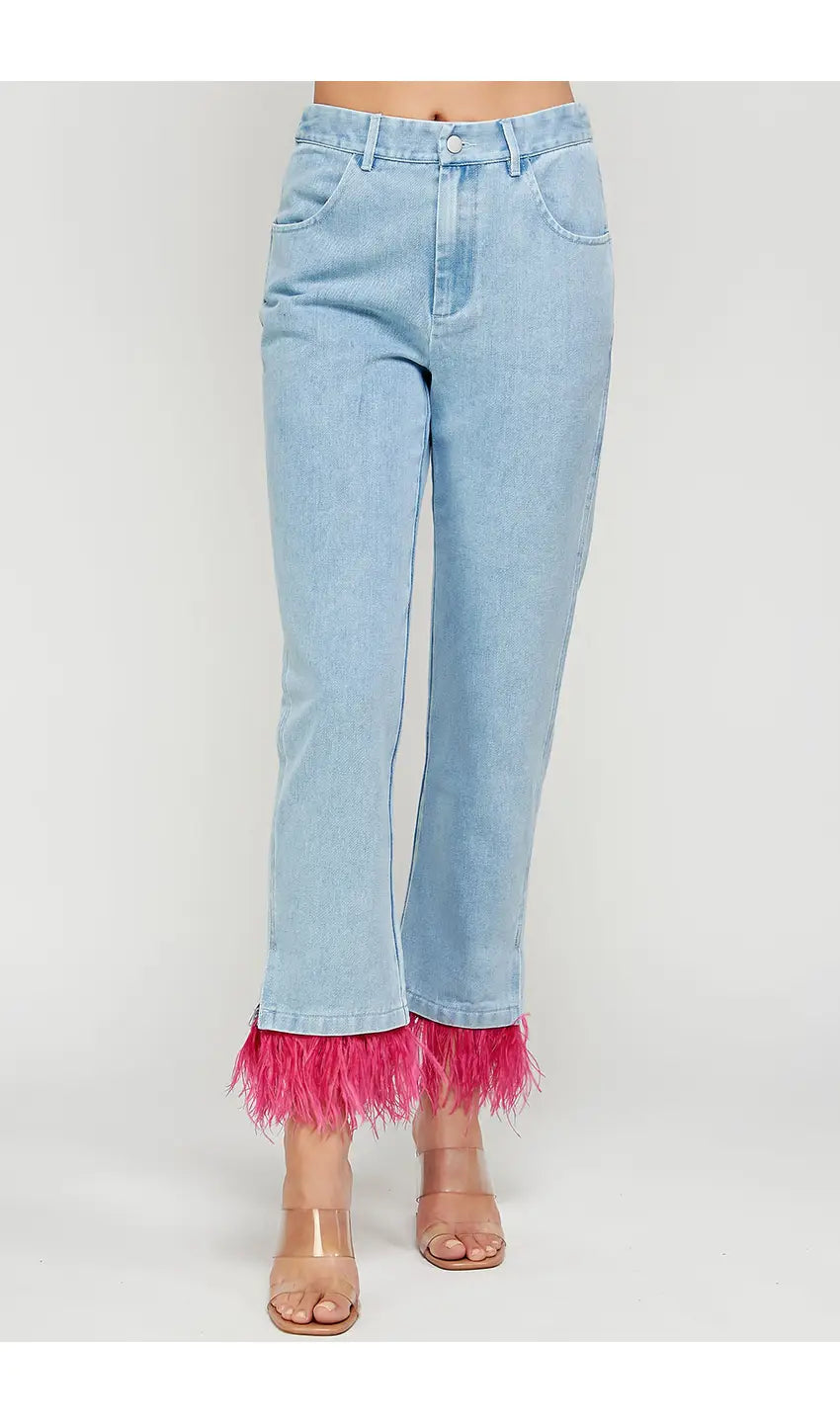 Feather Trim Ankle Denim Pants