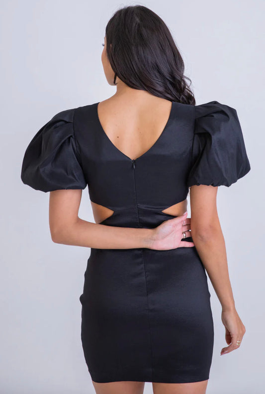 Solid Taffeta Puff Slv Cut-Out Dress