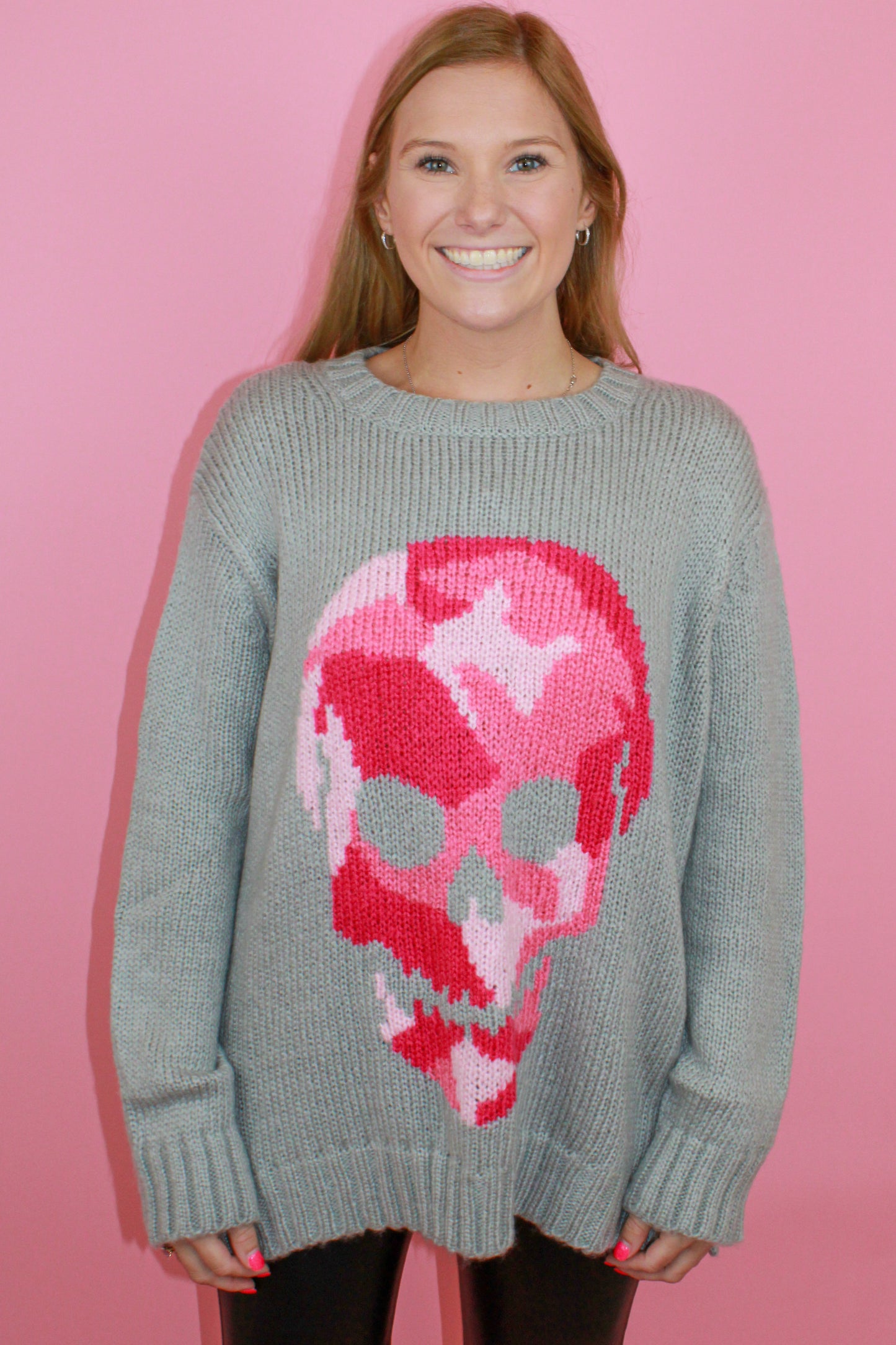 GREY AND PINK SKULL SWEATER