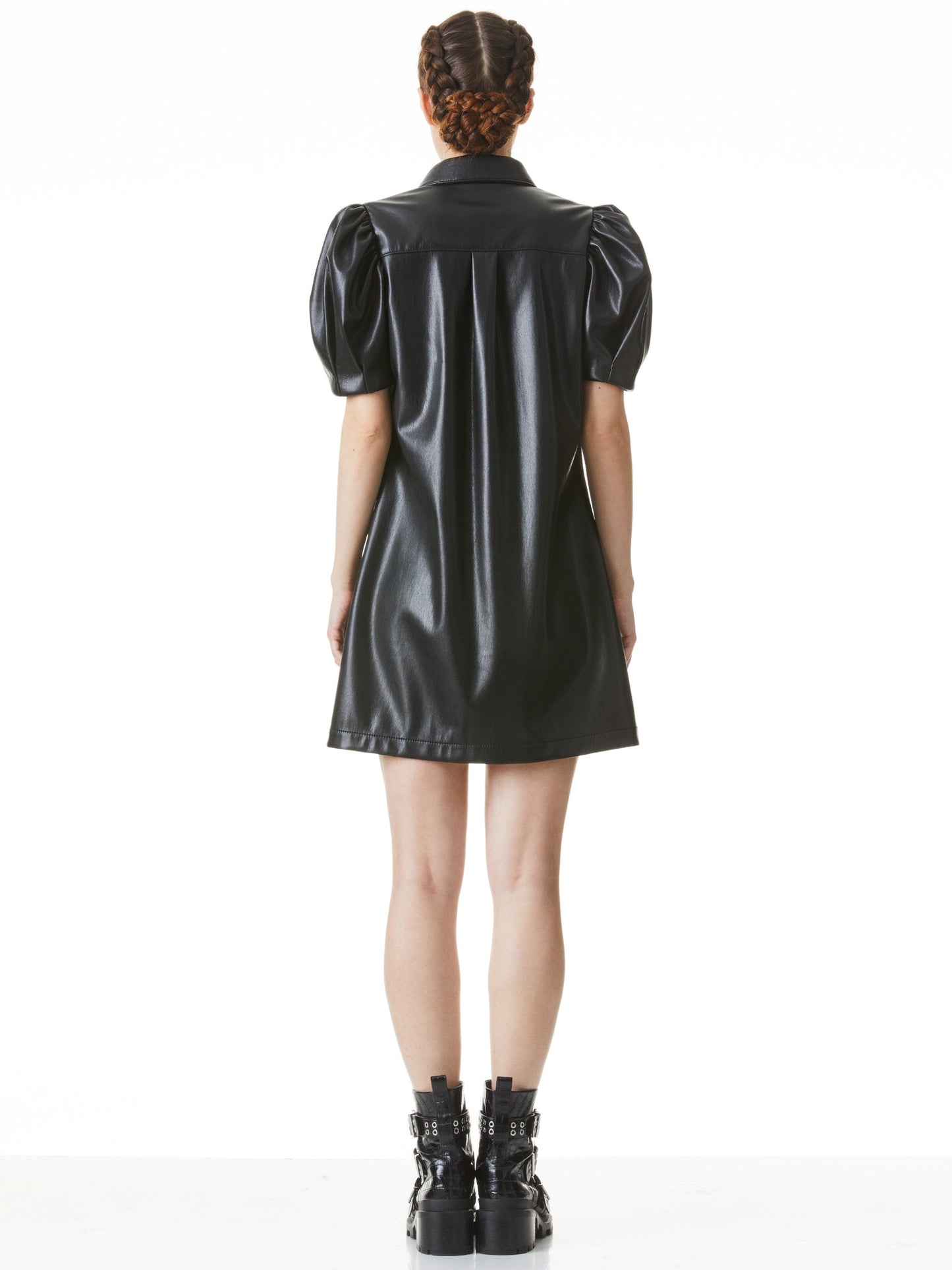 ALICE + OLIVIA JEM VEGAN LEATHER PUFF SLEEVE DRESS - BLACK
