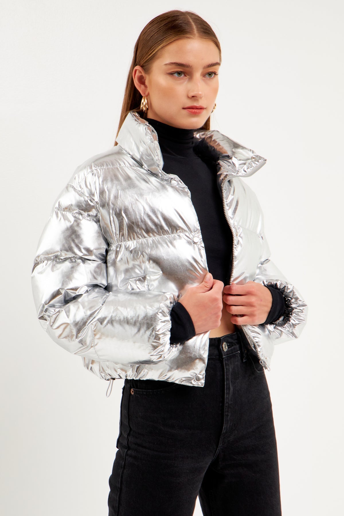Metallic Silver Puffer Coat Cropped Puffer Jacket Metallic