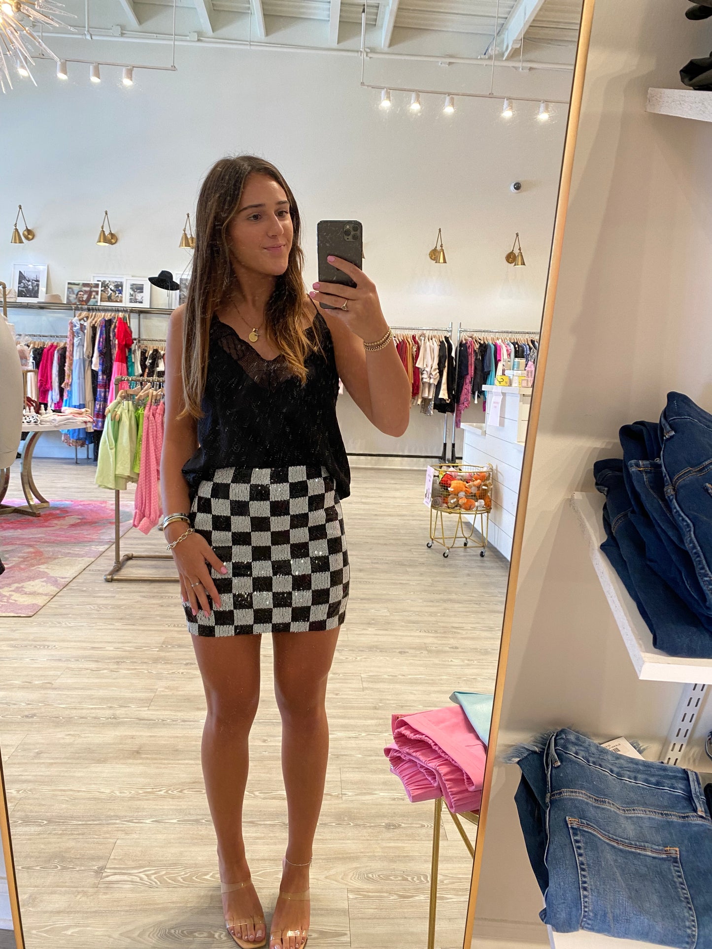 SEQUINS CHECK MINI SKIRT