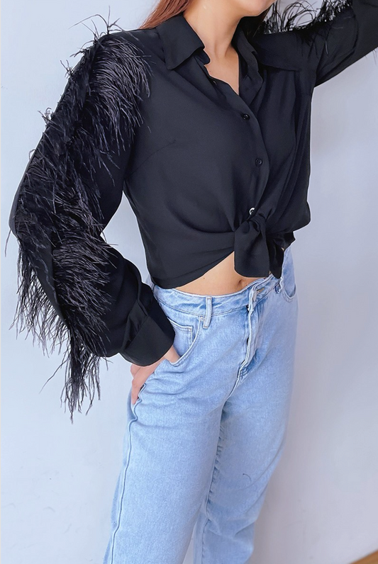 Feather Sleeve Top - Black
