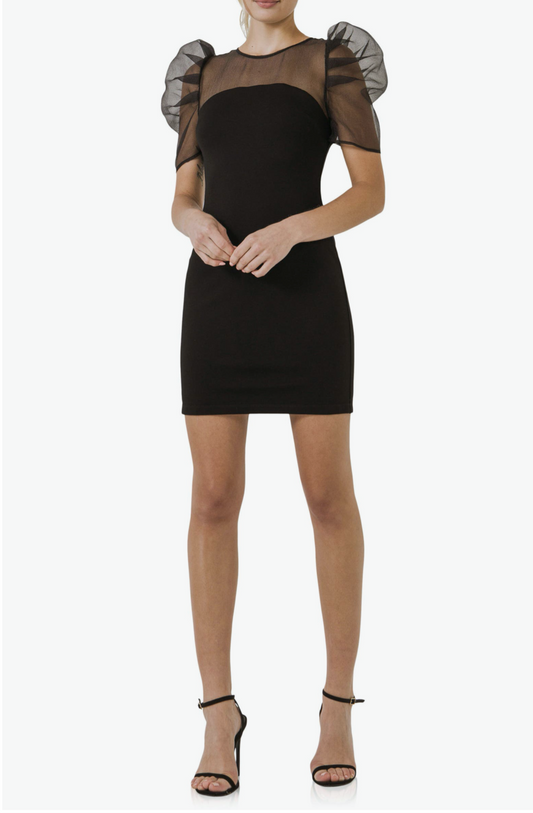 MIXED MEDIA PUFF SLEEVE DRESS