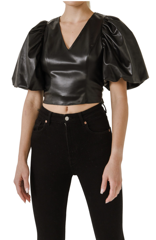 Faux Leather Puff Sleeve Top