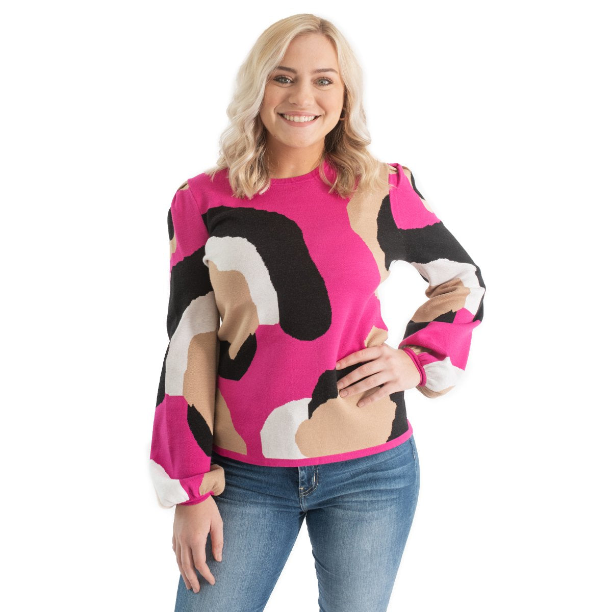 CLASSIC BALLOON SLEEVE SWEATER - BERRY ABSTRACT