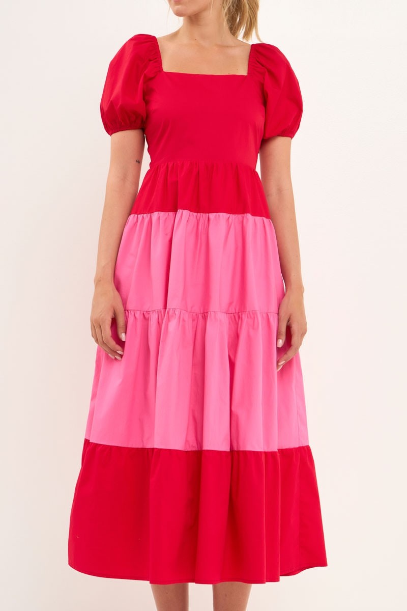 COLOR BLOCK PUFF SLEEVE MAXI