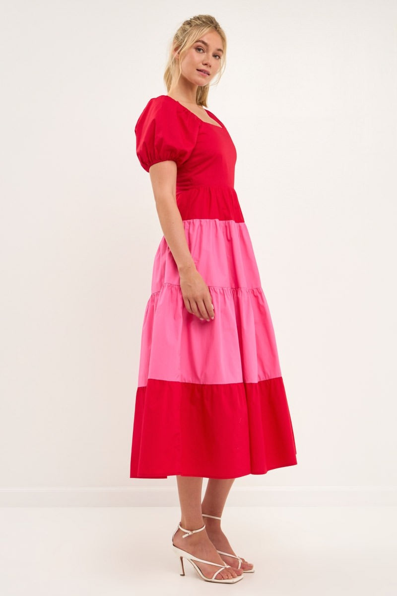 COLOR BLOCK PUFF SLEEVE MAXI