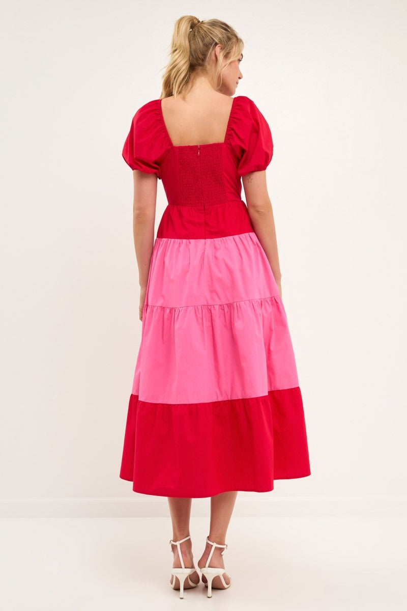 COLOR BLOCK PUFF SLEEVE MAXI
