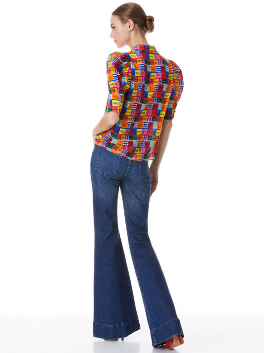 Alice & Olivia Willa Scrunched Puff Sleeve Placket Top