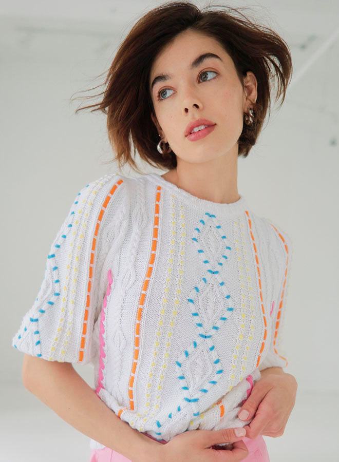 Autumn Cashmere Cable Crew with Multi Color Hand Lacing