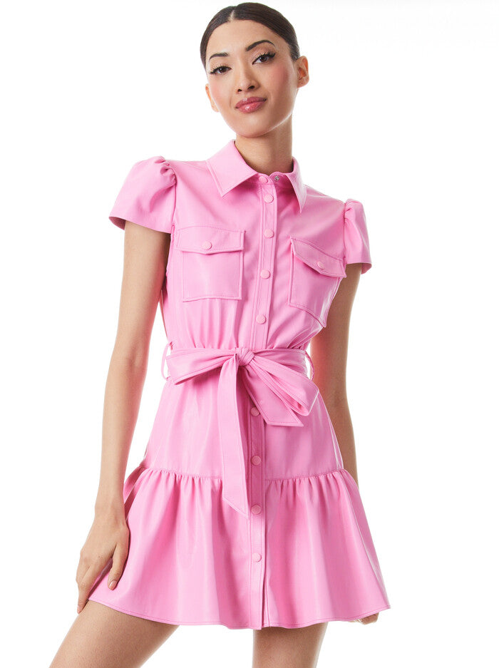 Alice & Olivia Miranda Vegan Leather Short Sleeve Mini Dress