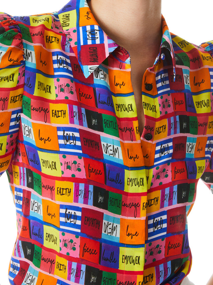 Alice & Olivia Willa Scrunched Puff Sleeve Placket Top