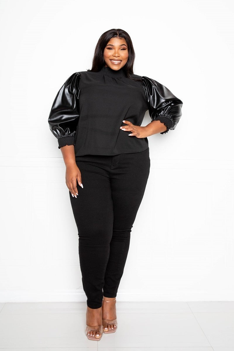 SMOCKED LEATHER SLEEVE TOP