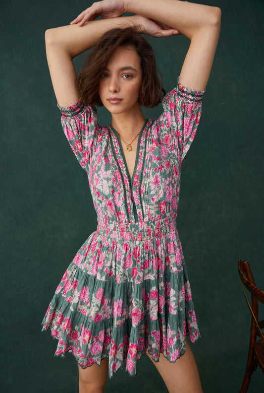 Hemant & Nandita Pine Green Paisley Short Dress