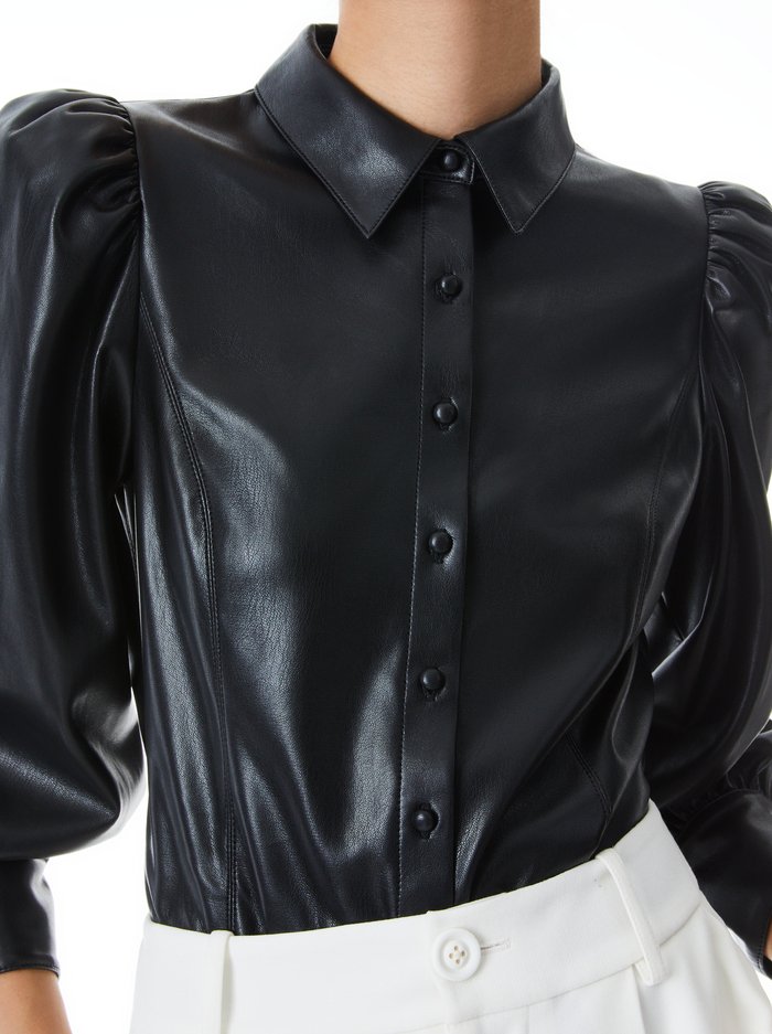 ALICE + OLIVIA NADINE VEGAN LEATHER BUTTON DOWN