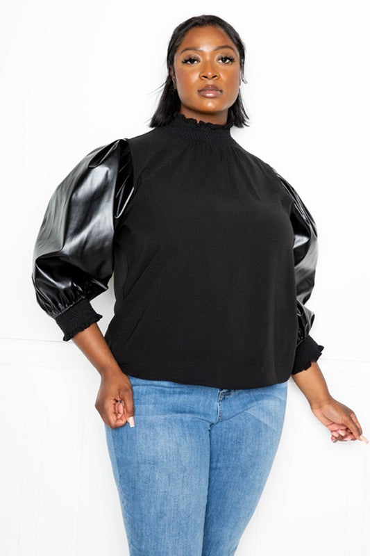 SMOCKED LEATHER SLEEVE TOP