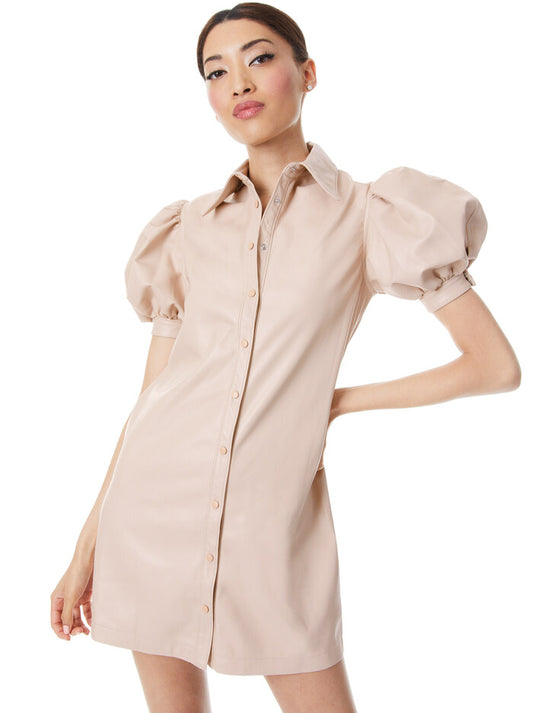 Alice & Olivia Jem Vegan Leather Puff Sleeve Shirt Dress
