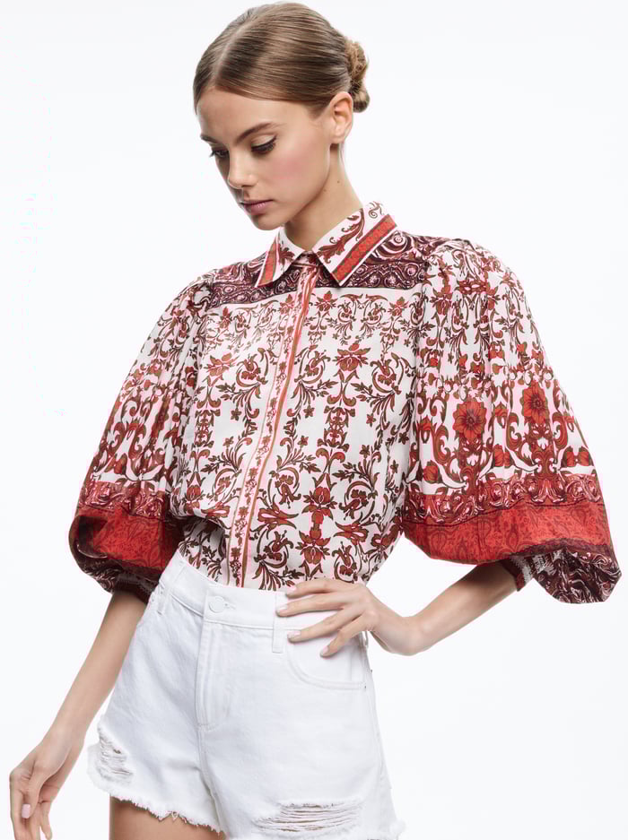 Alice & Olivia Tiffie Collared Puff Sleeve Blouse