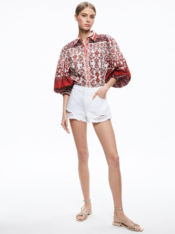 Alice & Olivia Tiffie Collared Puff Sleeve Blouse
