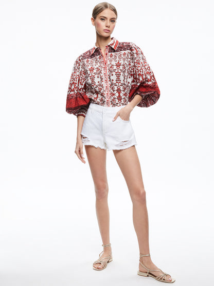 Alice & Olivia Tiffie Collared Puff Sleeve Blouse