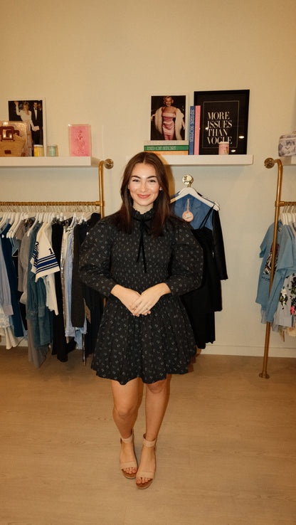 Ganni BLACK PRINTED MINI SMOCK DRESS