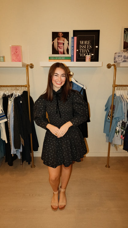 Ganni BLACK PRINTED MINI SMOCK DRESS