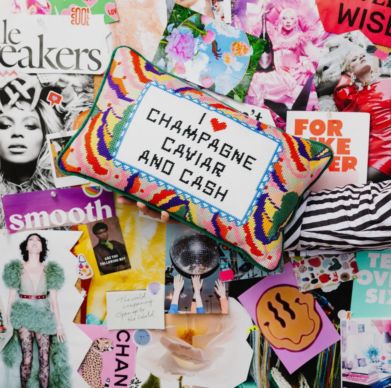 Caviar and Cash Needlepoint Pillow