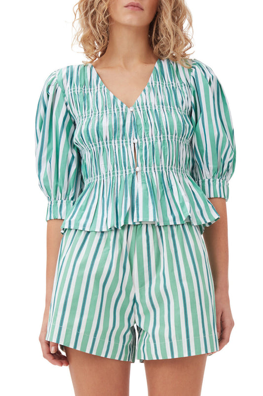 Ganni Stripe Cotton V-Neck Fitted Blousse
