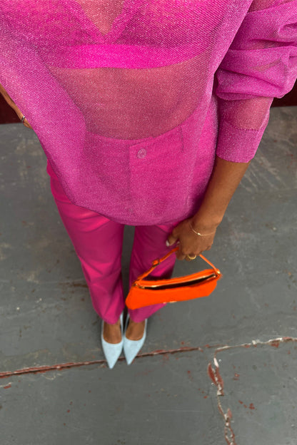 NEVER FULLY DRESSED MAGENTA VEGAN LEATHER TROUSER