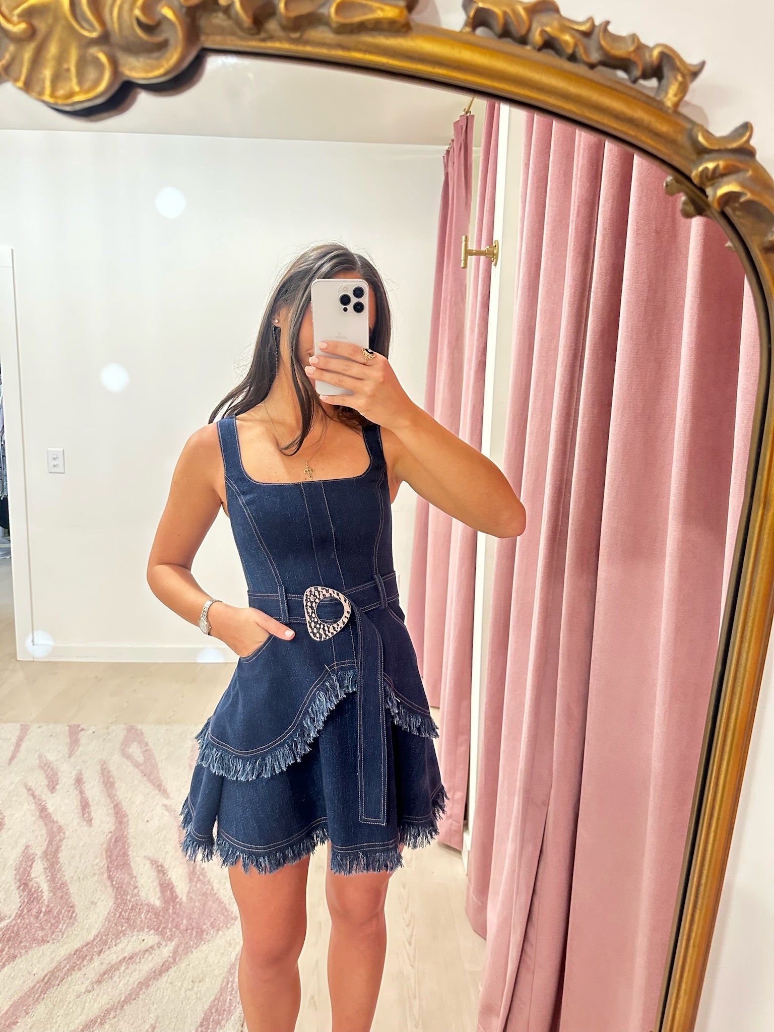 alexis denim dress Macey A-Line V-neck Backless Bohemian nutcracker nightgown Optional belt with silver Color:RUMBA