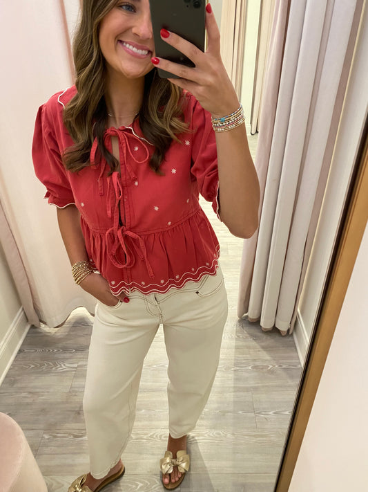 Seventy + Mochi Ana Tie Blouse in Vintage Red