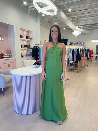 Liv Foster Satin Halter Gown - Olive