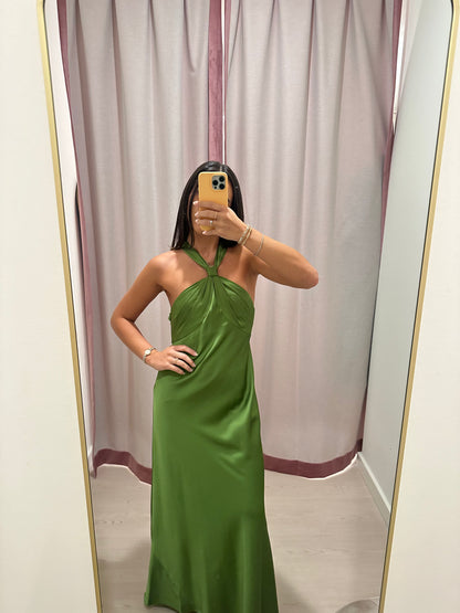 Liv Foster Satin Halter Gown - Olive
